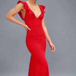 Lulu's Perfect Opportunity Red Deep V Ruffle Maxi Dress Women's Small